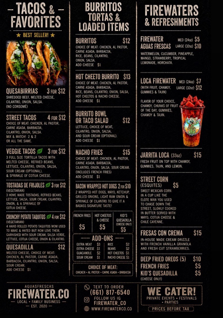 FireWater Co. menu